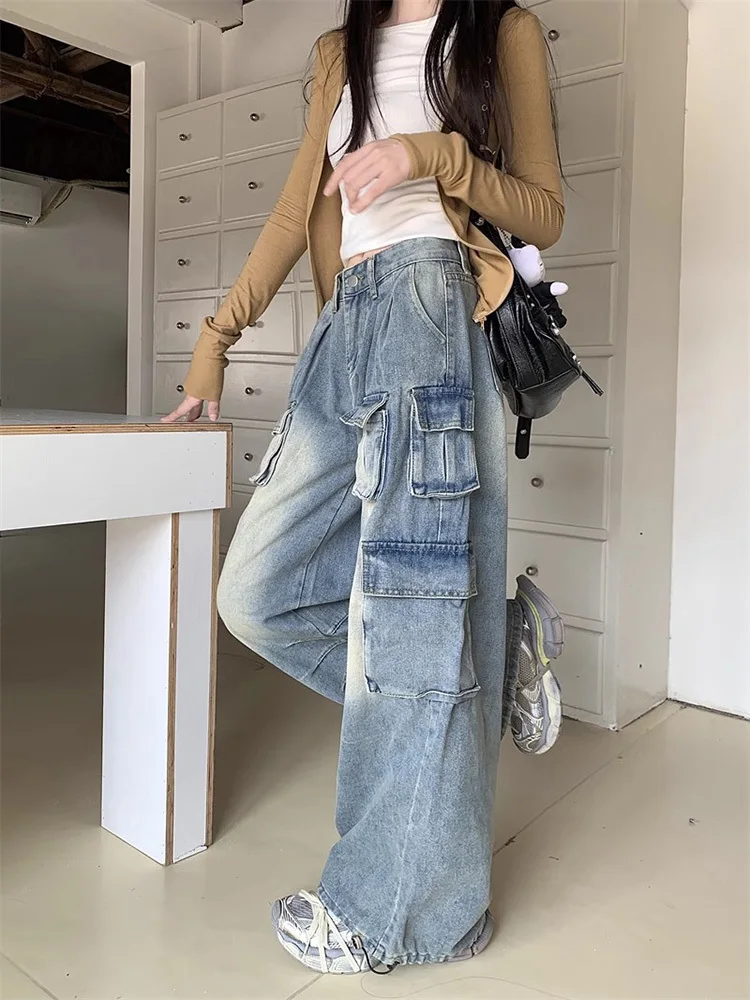 Y2k American Vintage Washed Gradient Color Jeans 2025 Women New Multi Pocket High Street Workwear Loose Wide leg Pants