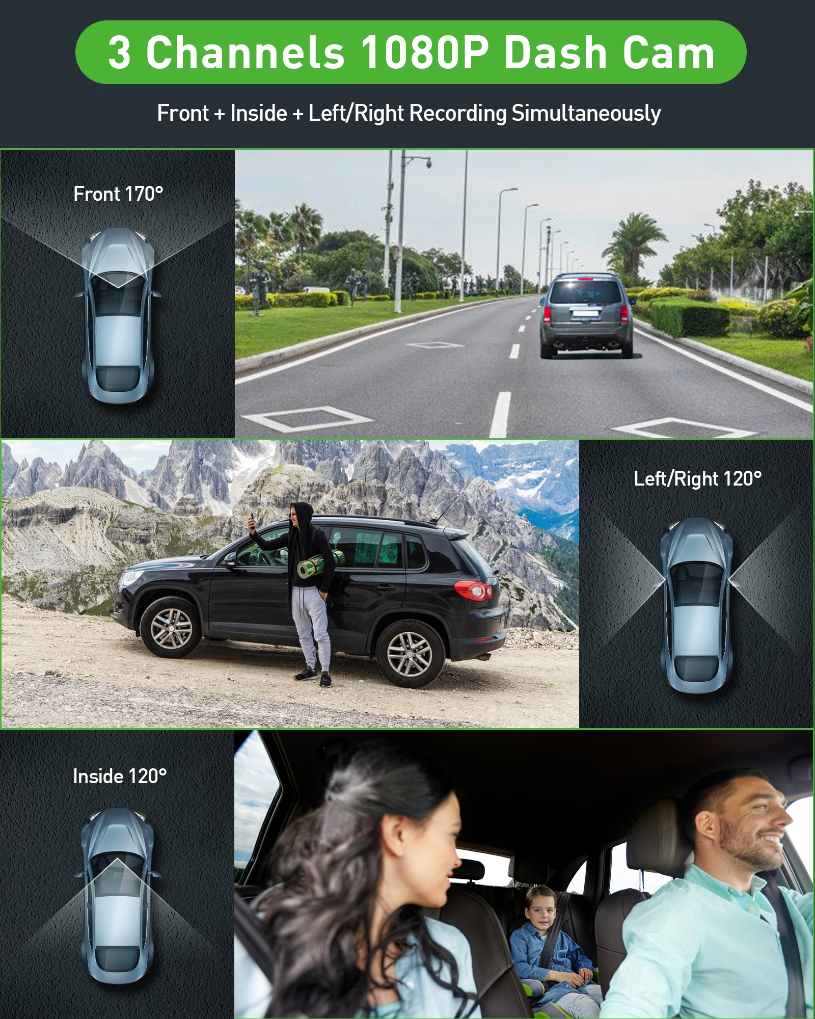 3 Channel Dash Cam Video Recorder Three Lens Car Camera with Rear View DVR 24H Parking Monitor Black Box image 2