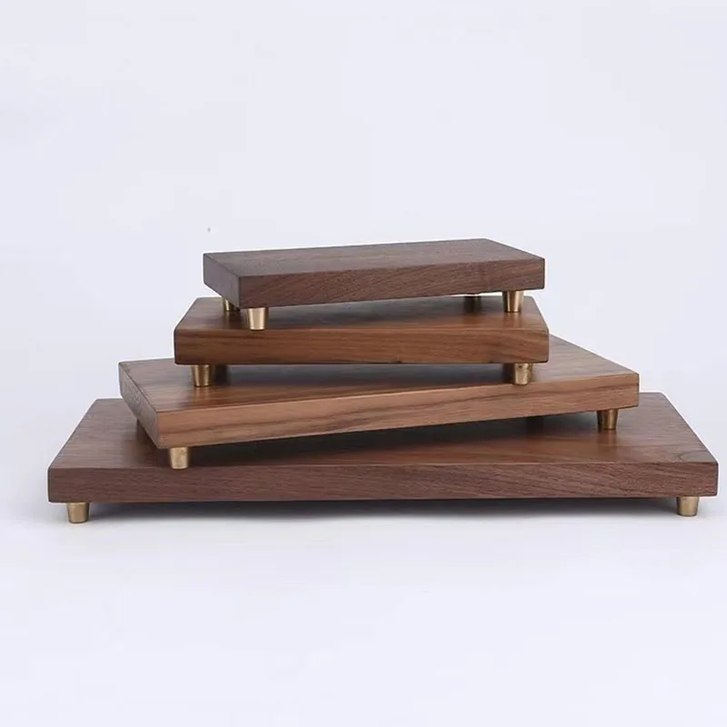 4PCS Crafts Base Copper Foot Pad Small Tray Base Black Walnut Solid Wood Pure Copper Conical Ornaments Copper Accessories