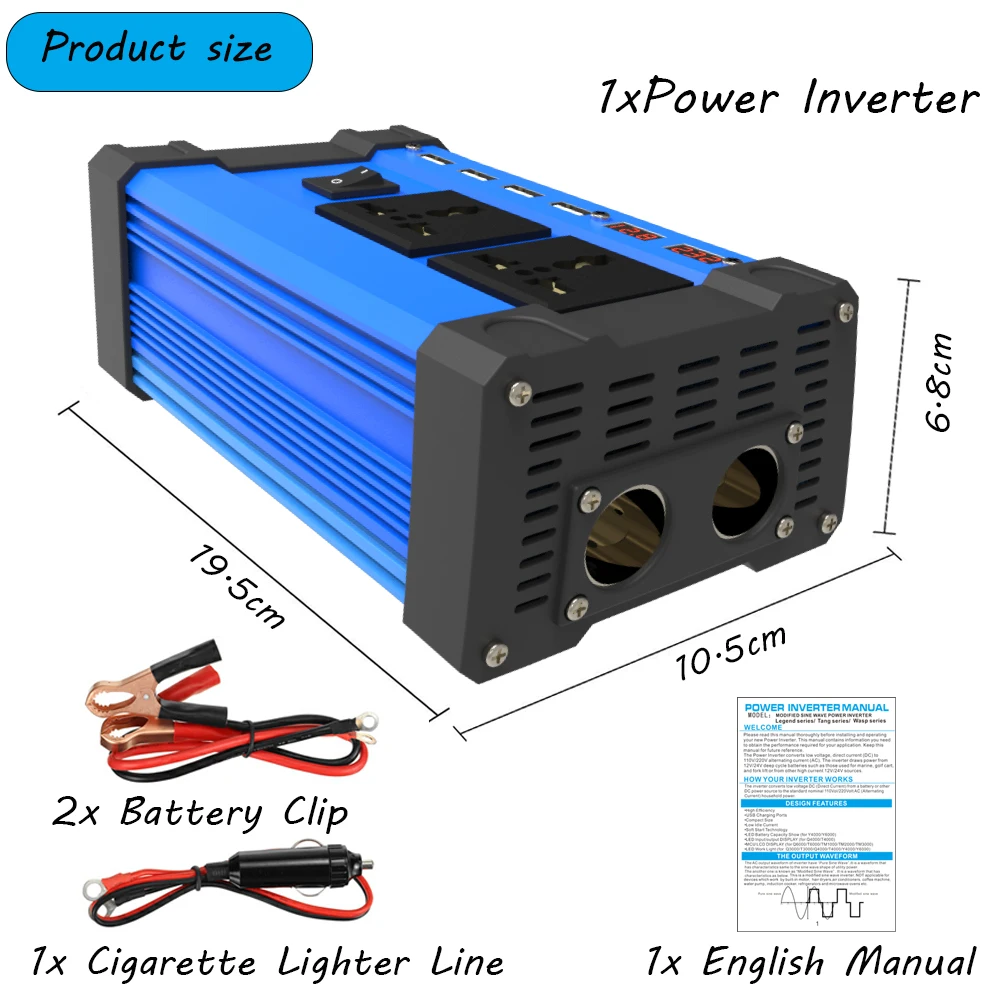 Solar Inverter 6000W Converter AC 12v To DC 220v110v Intelligent Dual Display 4 USB Port 4.2A Fast Charging Power LED RV Camping