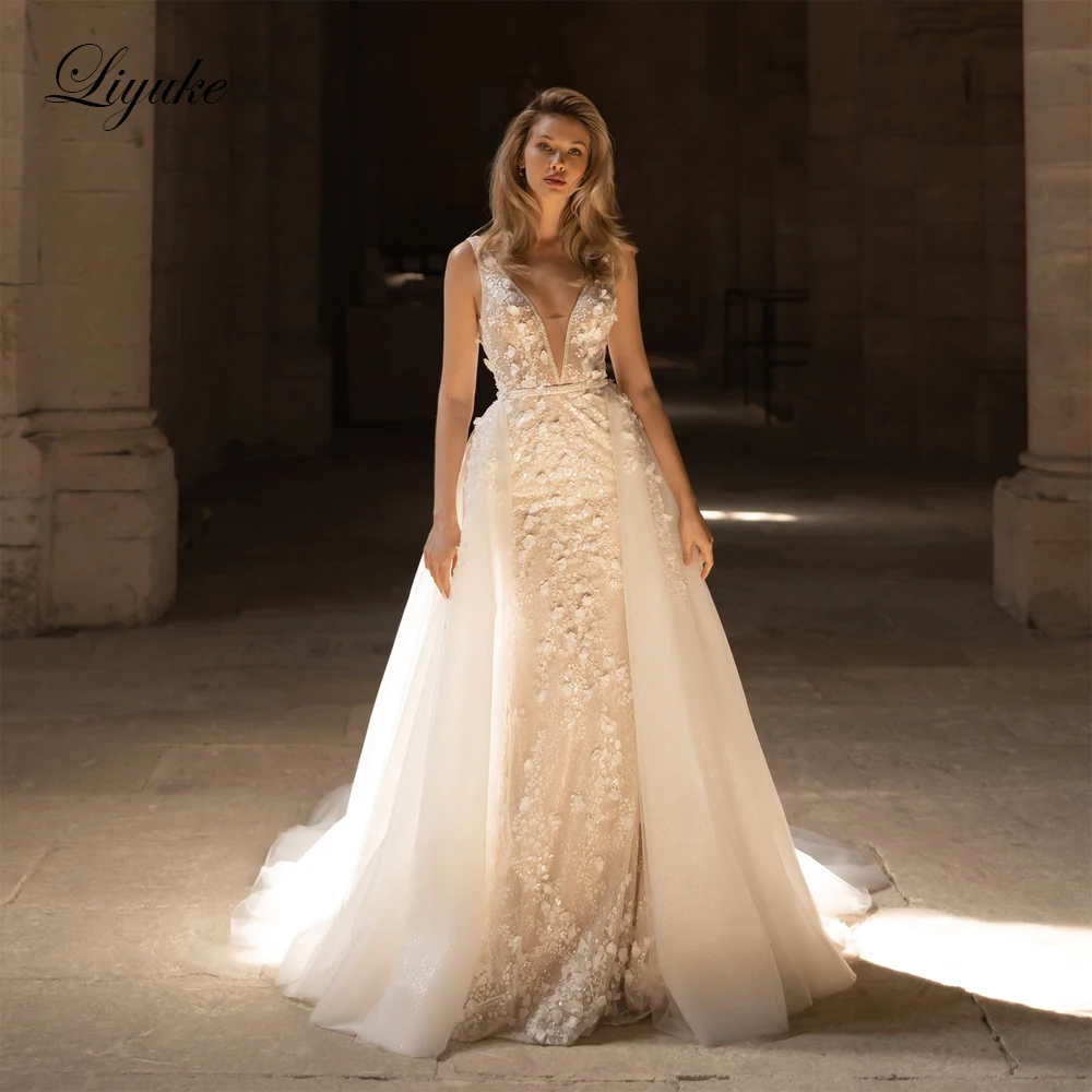 Liyuke Stunning Beading Appliques 2 In 1 Mermaid Wedding Dresses Luxury Embroidery Lace V-Neck Bridal Gowns