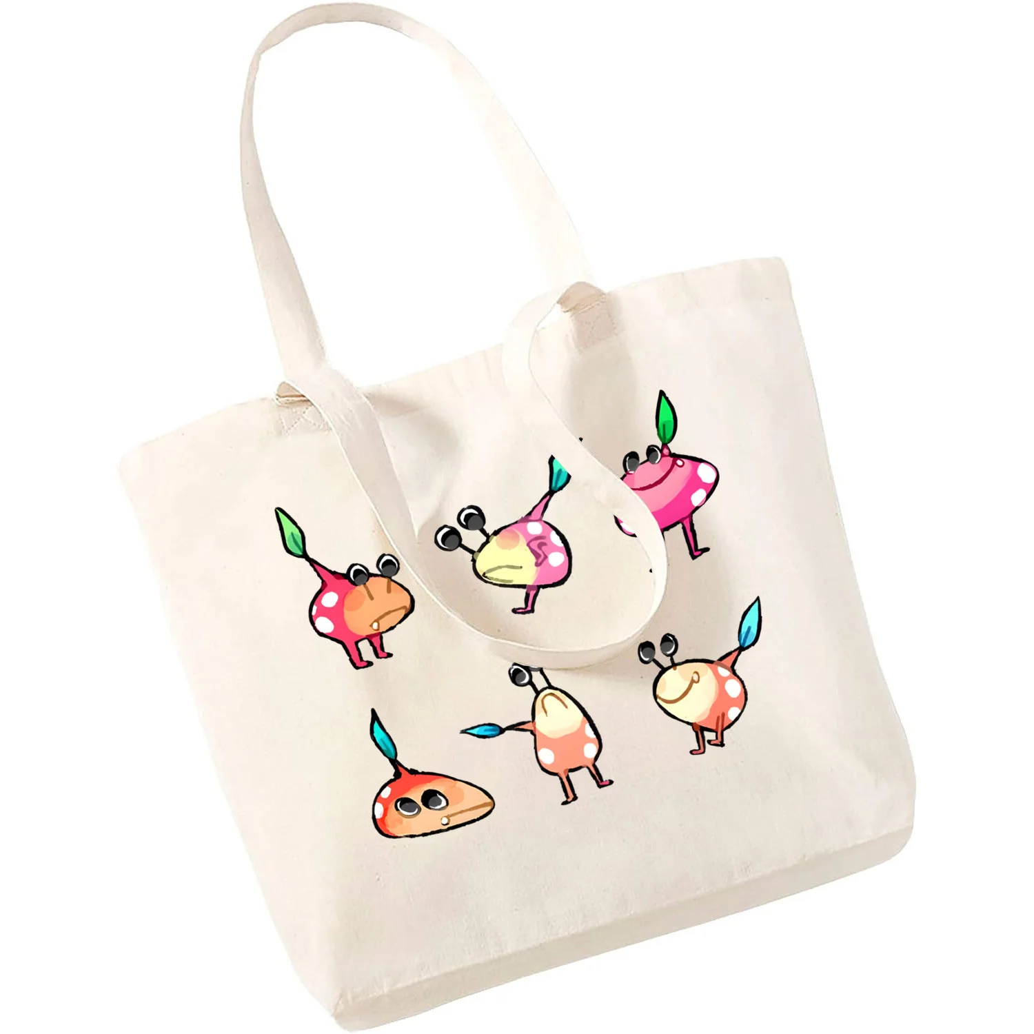 Women Canvas Shoulder Bag Pikmin Customize Handbag Ladies Casual Tote Bag Reusable Large Capacity Black Shopping Bag