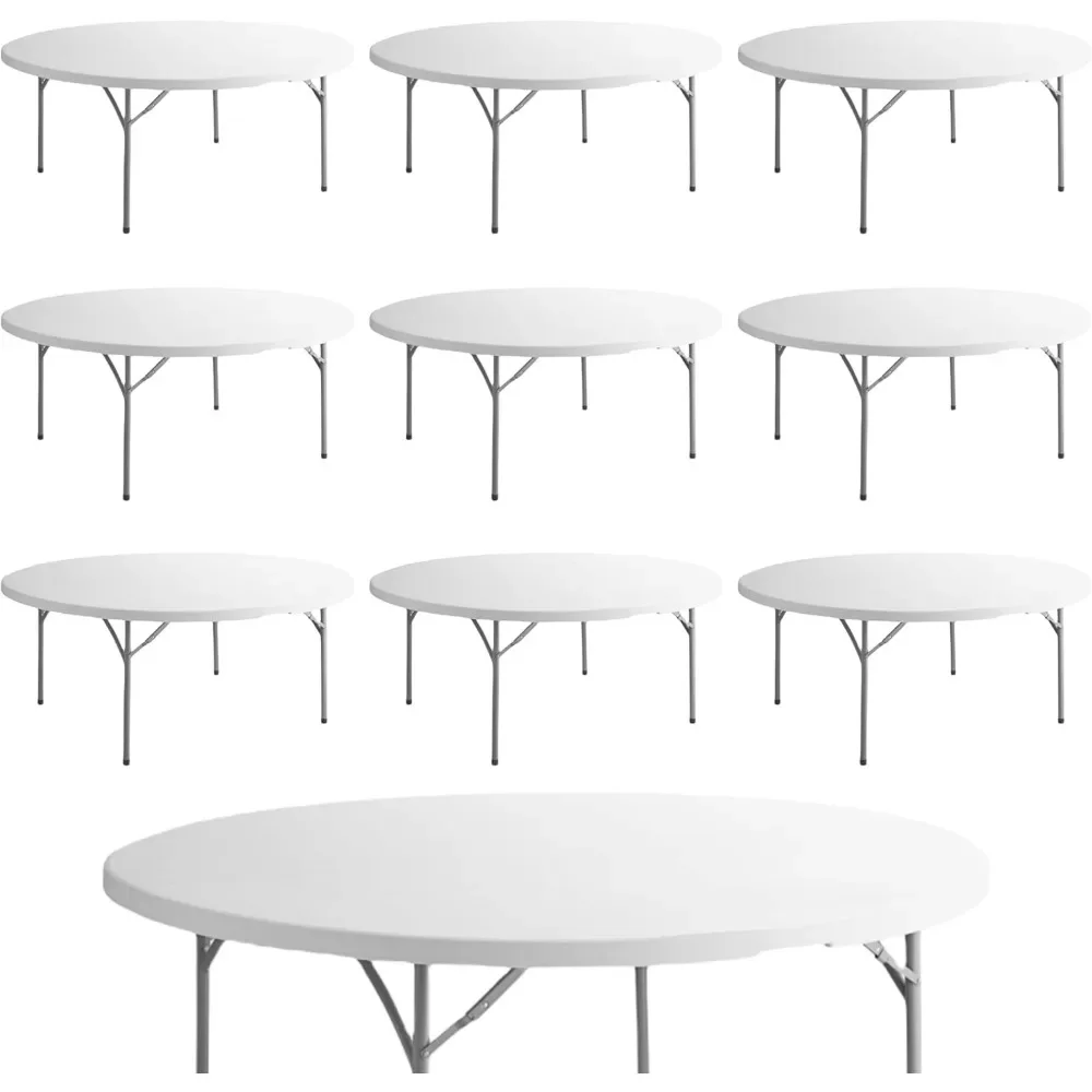 10 Pack! 72 Inch. Round Heavy-Duty Granite White Plastic Folding Table, Desk