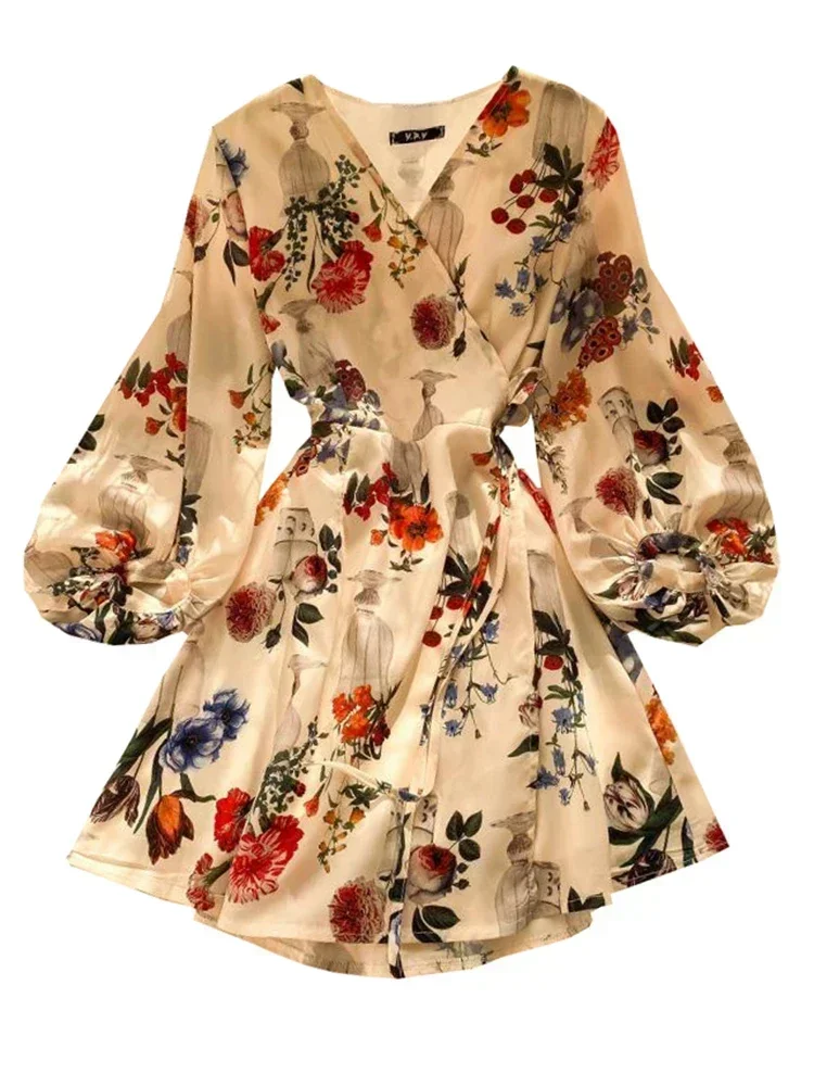 

Spring Summer Women's Vintage Print Dress Lantern Sleeve Chic One Piece Lacing Dress Short A-line Mini Dress ML729