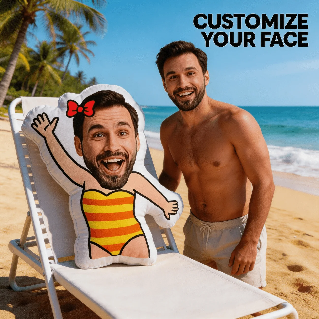 Custom Funny Face Shaped Pillow, Personalized Photo Body Decorative Cushion with Swimsuit & Bow Design, Novelty Accent Throw Pil