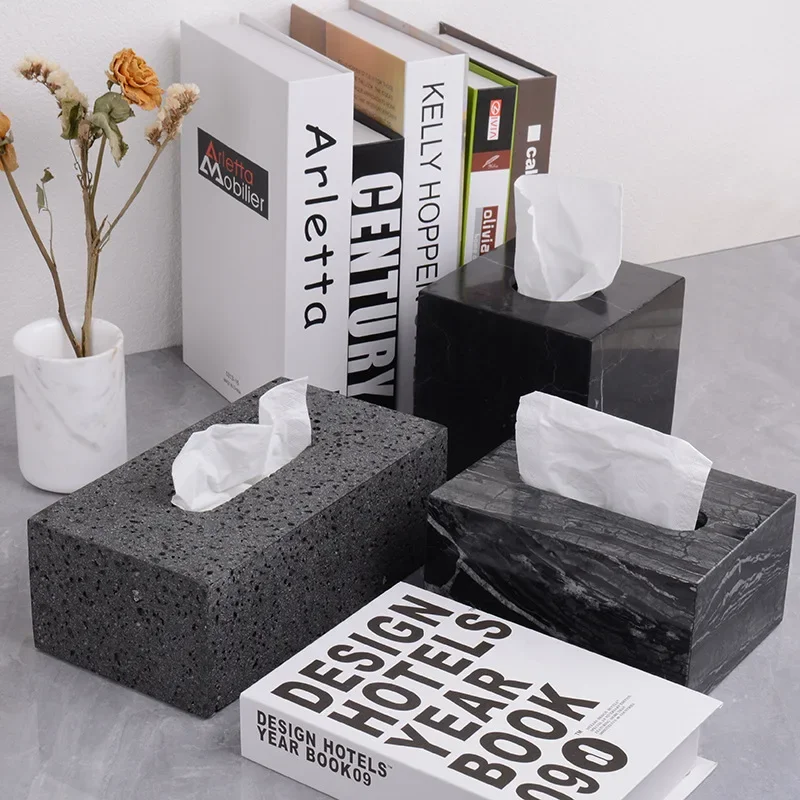 Nordic Living Room Restaurant Hotel Clubhouse Bathroom Light Luxury Drawn Paper Box Natural Marble Square Stone Tissue Box