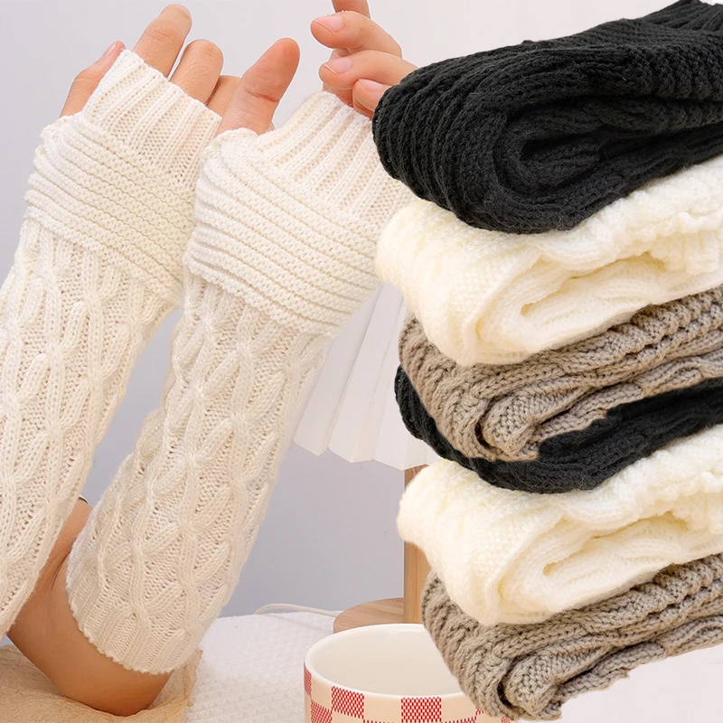 

Fashion Knitted Long Hand Gloves Warm Embroidered Winter Half Finger Gloves Fingerless Gloves for Women Girl Arm Warmer Mittens