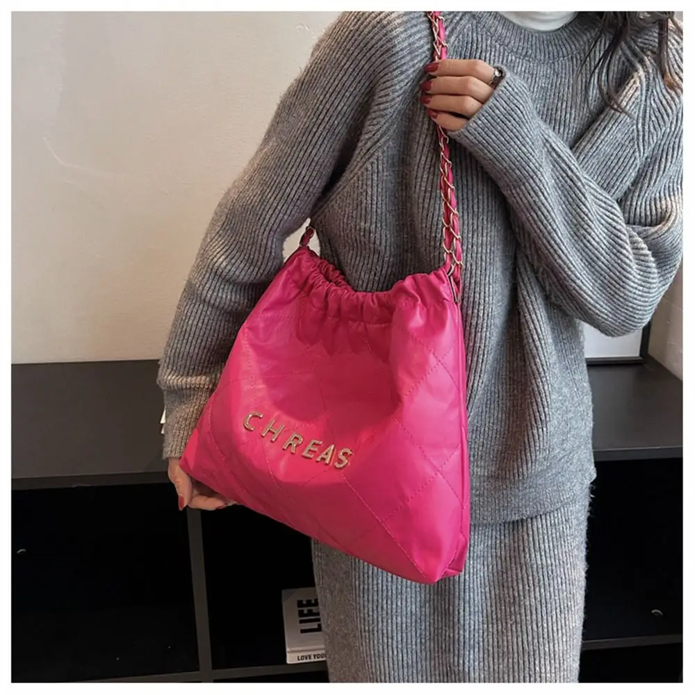 PU Shoulder Bags Casual Solid Color Lattice Handbags Chain Large Capacity Totes Bag Female