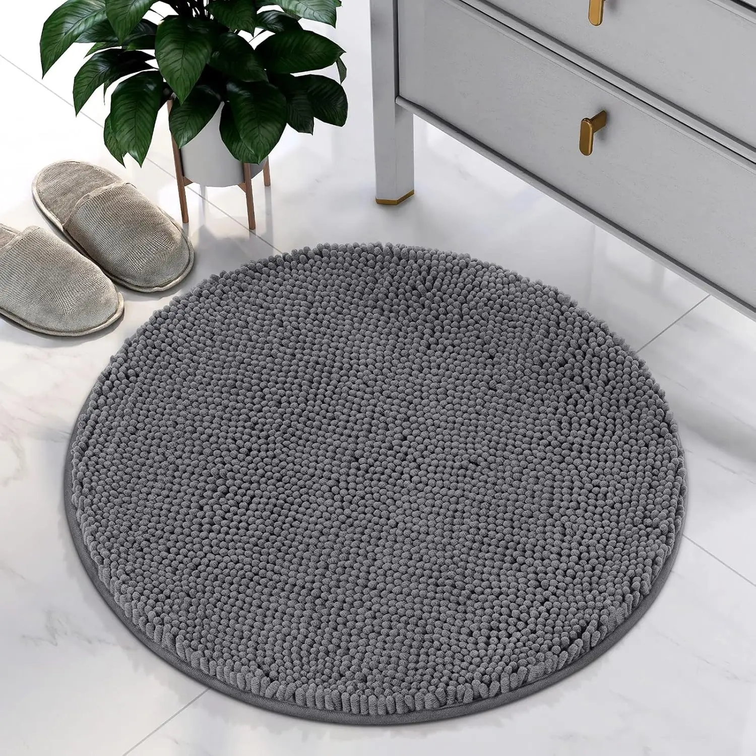 

Round Bathroom Rug, Luxury Chenille Shaggy Extra Soft and Absorbent Non Slip Machine Washable Bath Mat (Grey, 2 Ft)