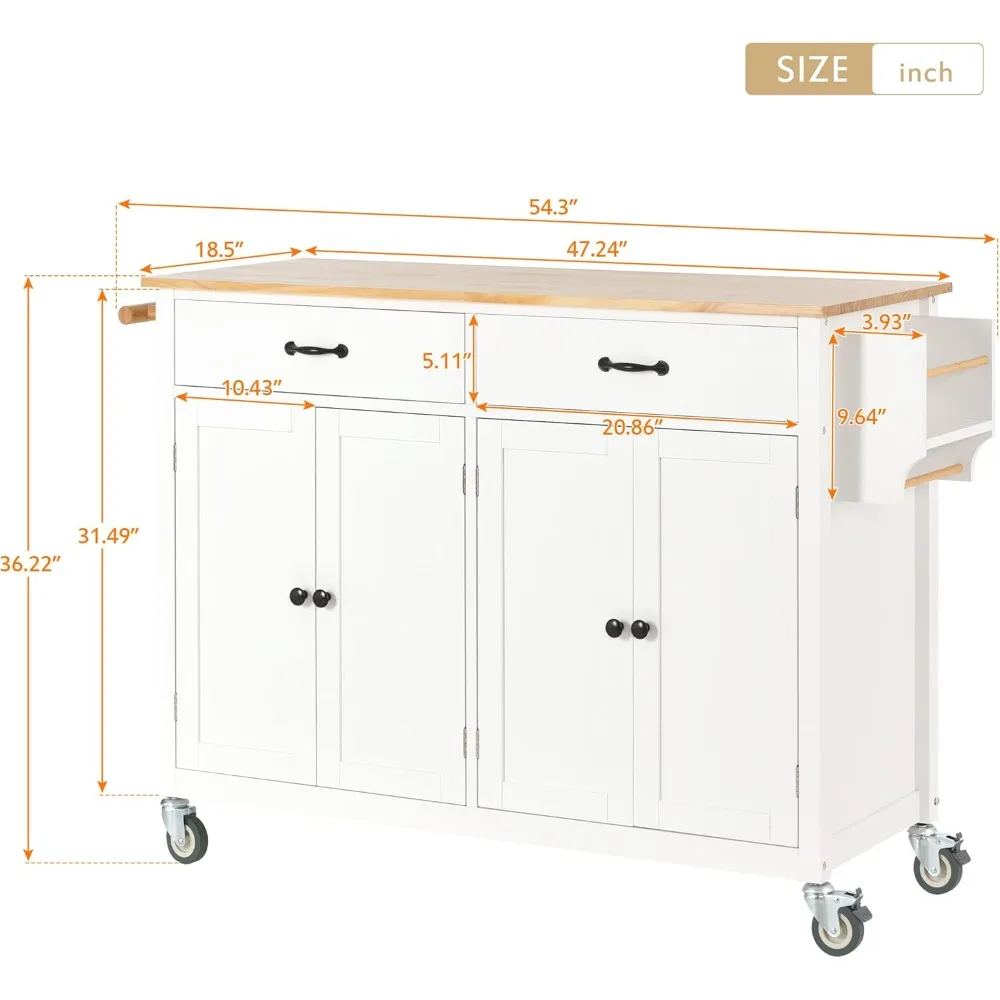 Kitchen Island on Wheels with Solid Wood Top, Large Rolling Kitchen Island Cart with 2 Drawers and 2 Cabinets, Portable Trolley