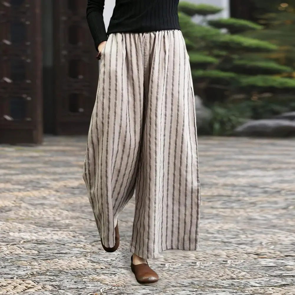 

Striped Drape Pants Elegant Vertical Striped Wide Leg Pants for Women High Waist Pockets Business Style Women Wide-leg Pants