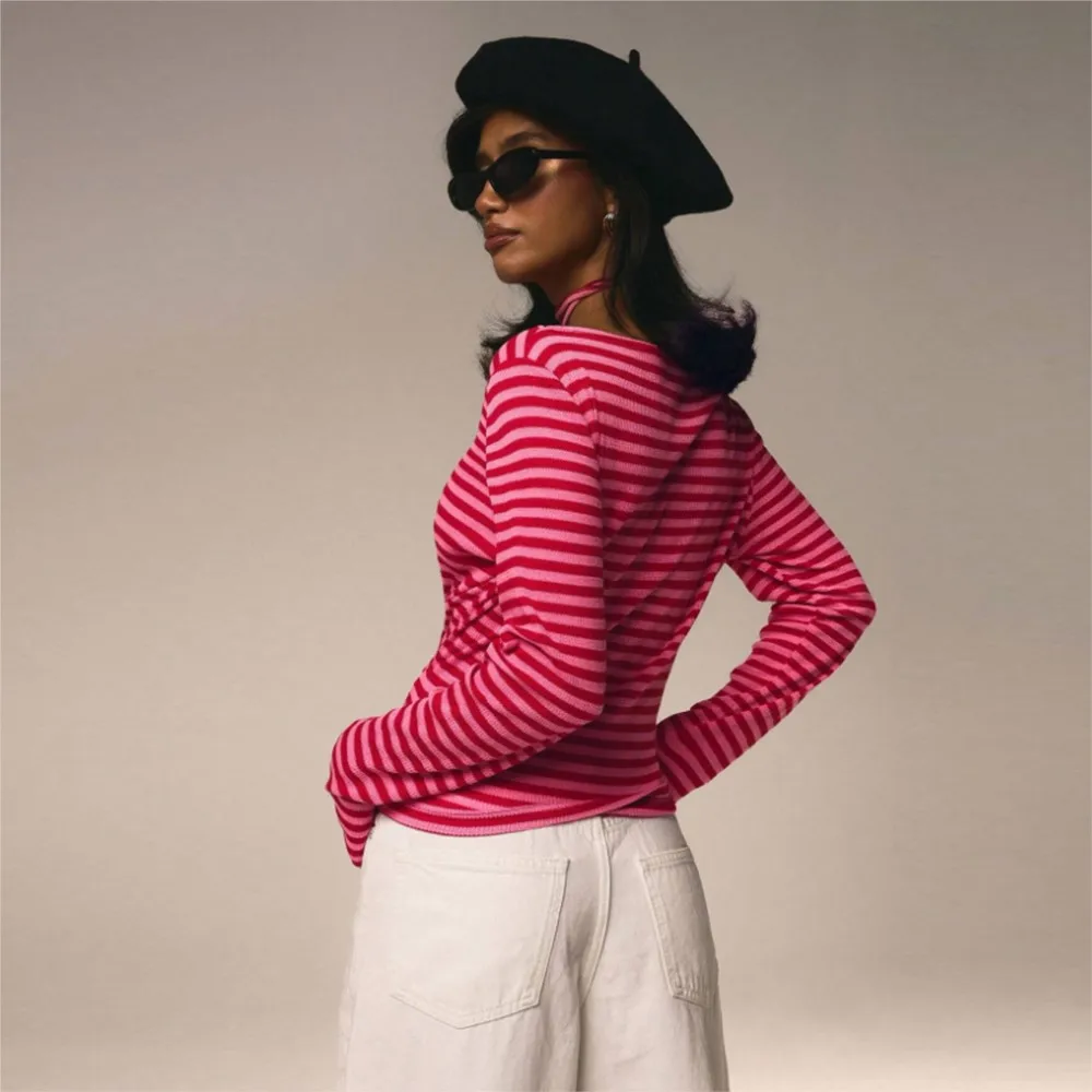 2025 Autumn New Arrival Temperament Slim Striped Stretch Round Neck Long Sleeve Top For Women All-match Simple Style Comfortable