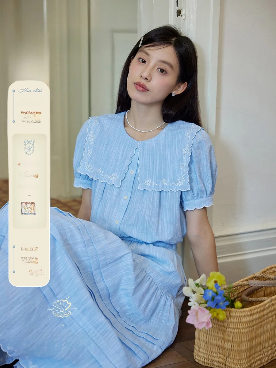 

Nov Et Navy Collar Embroidered Texture Set Women's irt f Skirt Two Piece Set Cotton ort Sve Button up Faion