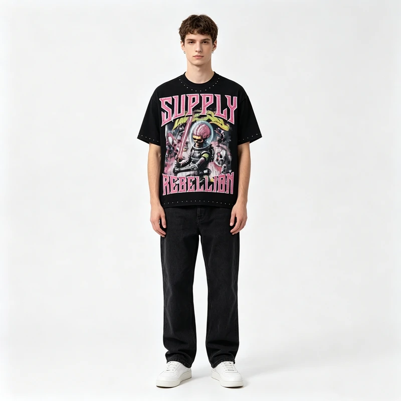 Hip-Hop Streetwear Lustiges Skelett-Grafik-T-Shirt für Männer Vintage Schwarz Gewaschenes Strass-Tee Übergroßes Baumwoll-Shirt im Used-Look – Detail 4