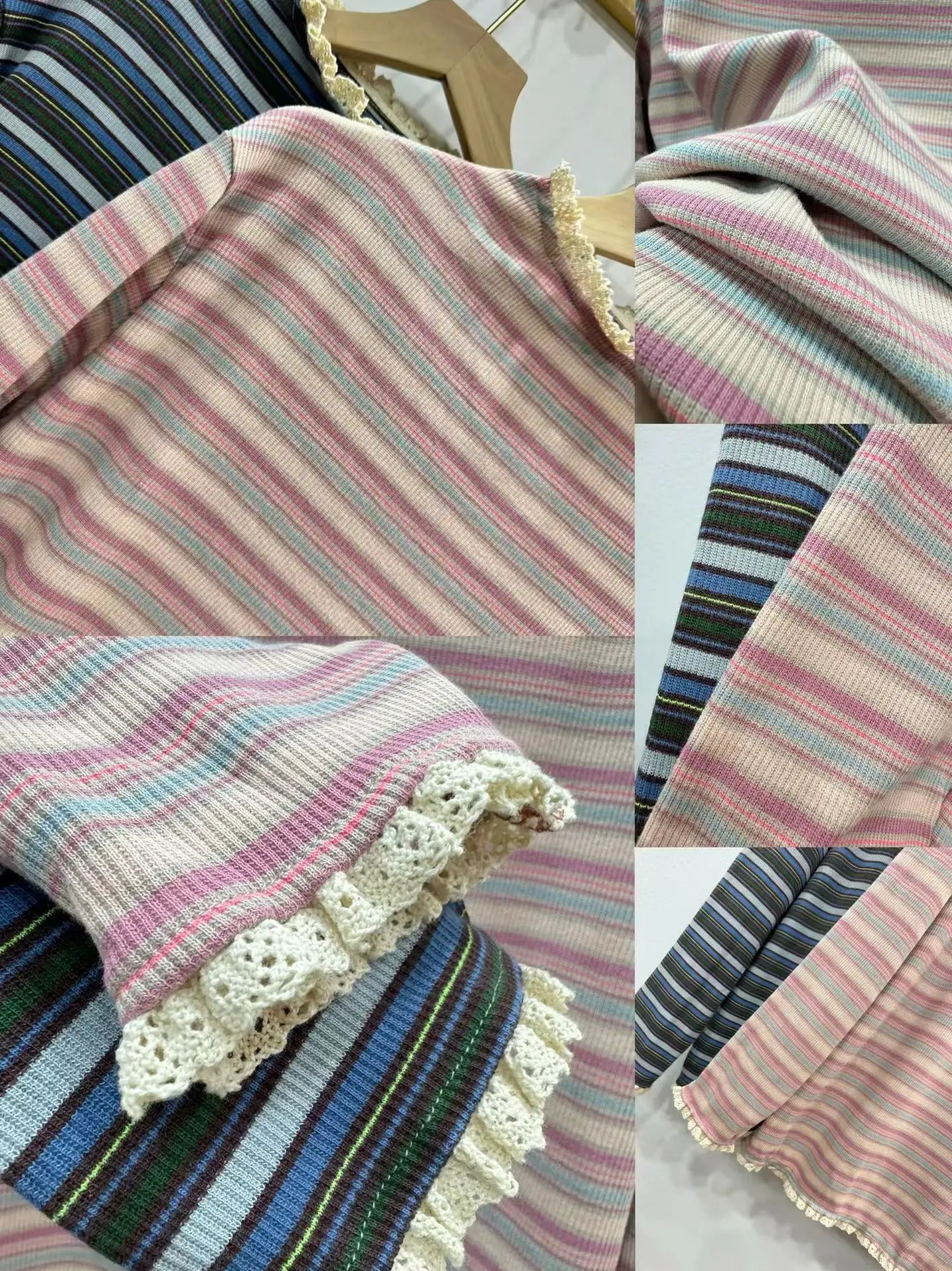 Sweet Lace Trim Splice f High Ne  Stripes Loose Fit Overhead Long Sve T-irt Top for Women Casual Sweet Sle