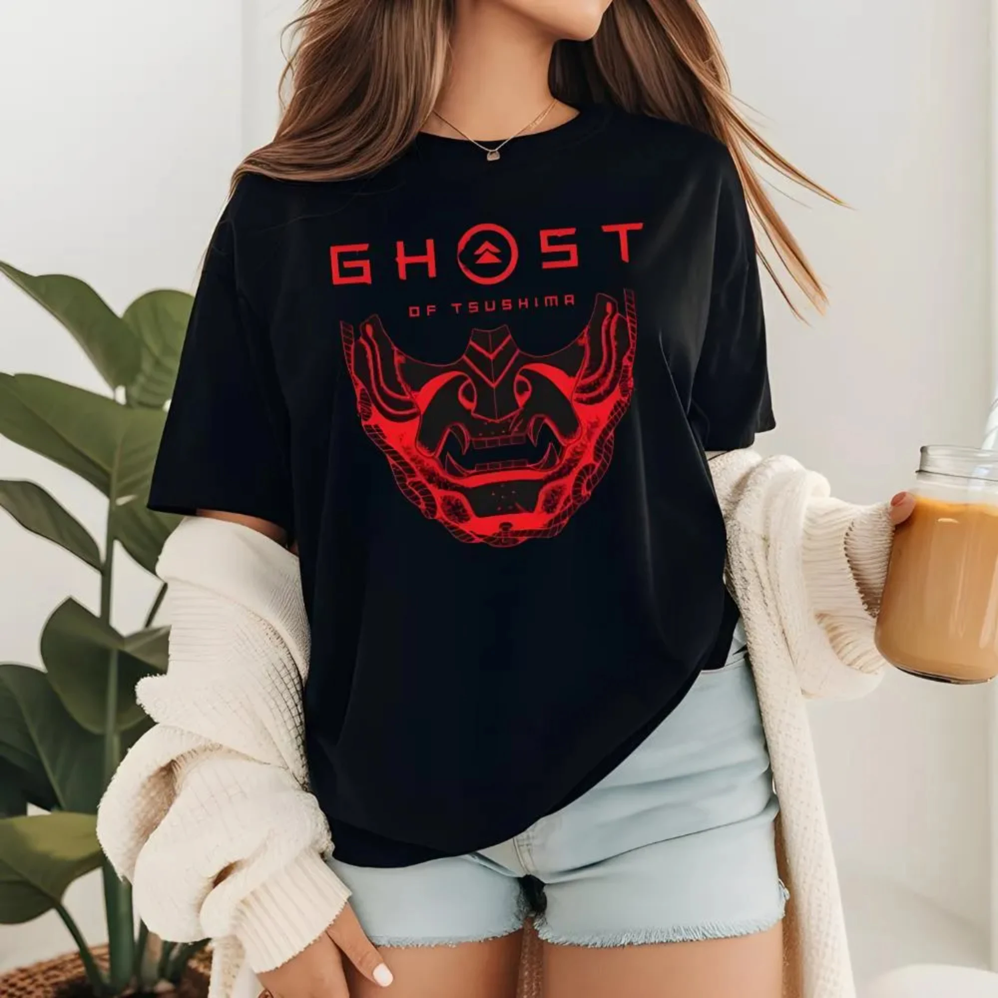 

Футболка с принтом Ghost of Yotei для женщин, модный тренд весны/лета, топ из чистого хлопка, нейтральная футболка с короткими рукавами