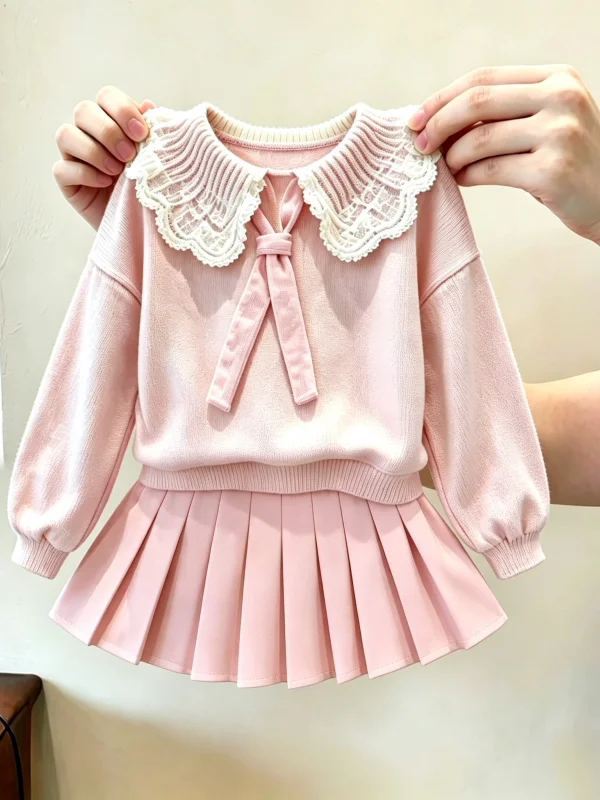School Girl Style Hoodie Skirt Set Doll Collar  Knot Two Piece Suite for Girls Autumn Fashionable Student Uniform