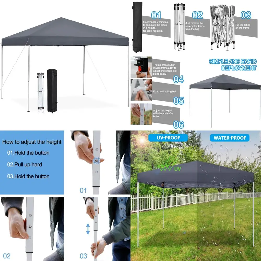 

Мгновенная всплывающая палатка с навесом 10x10, простая установка, укрытие для патио на открытом воздухе, регулируемая высота, сумка на колесиках для защиты от любых погодных условий