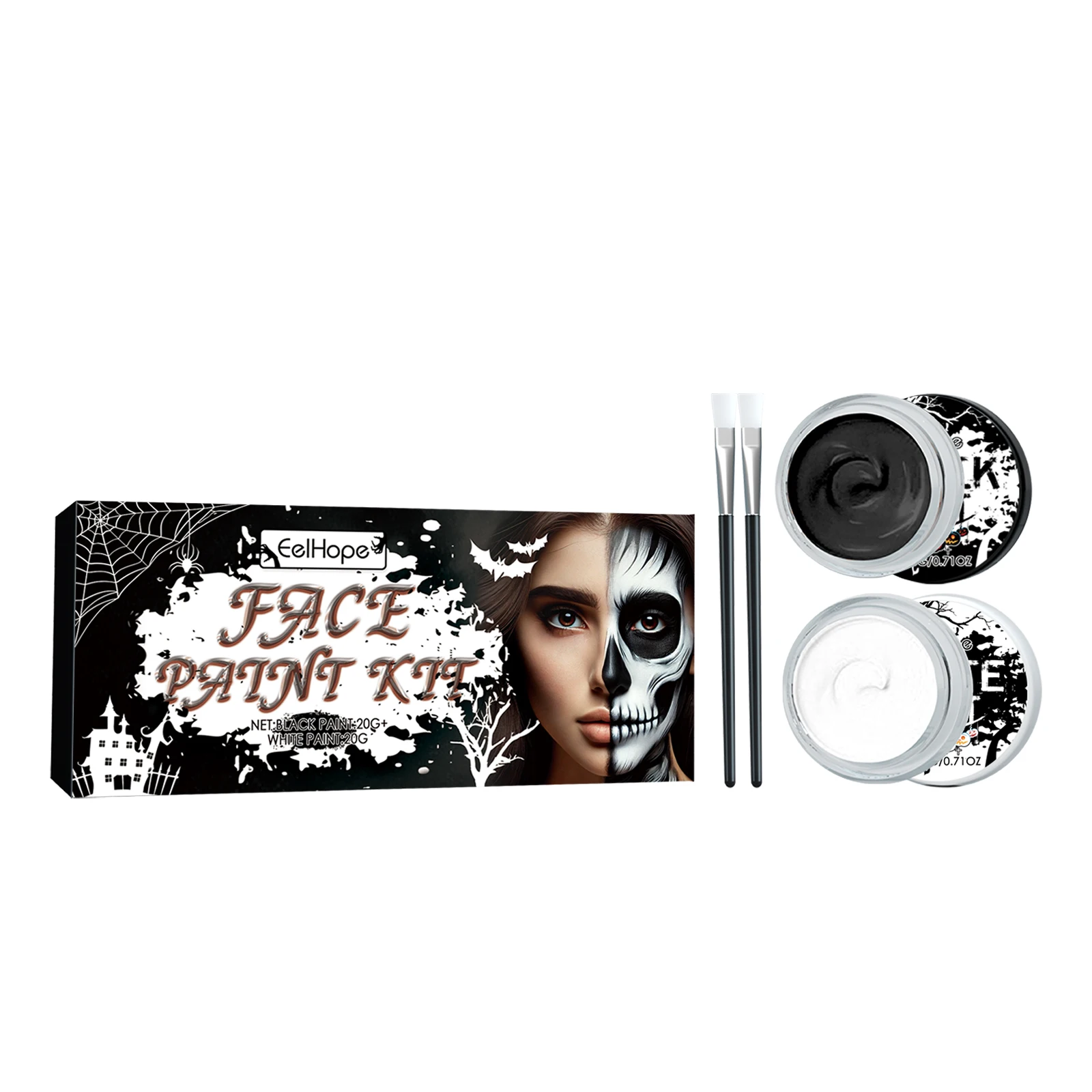 

A must-have for Halloween! A 2-piece face painting set with highly pigmented face and body for DIY role-play