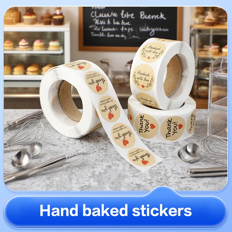 Kitchen.Baking Labels - สติกเกอร์ขอบคุณ 500 ชิ้น ฉลากปิดผนึกทรงกลม สำหรับครัว ขนมทำมือ