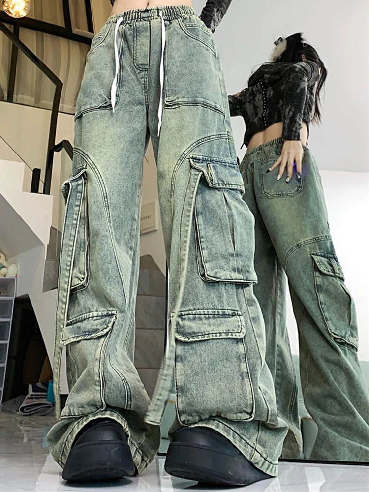 

Female Baggy 90s Vintage High Waist Washed Lace Up Cargo Pants Lady Blue Multiple Pockets Slacks Trashy Y2k 2000s Designer Jeans