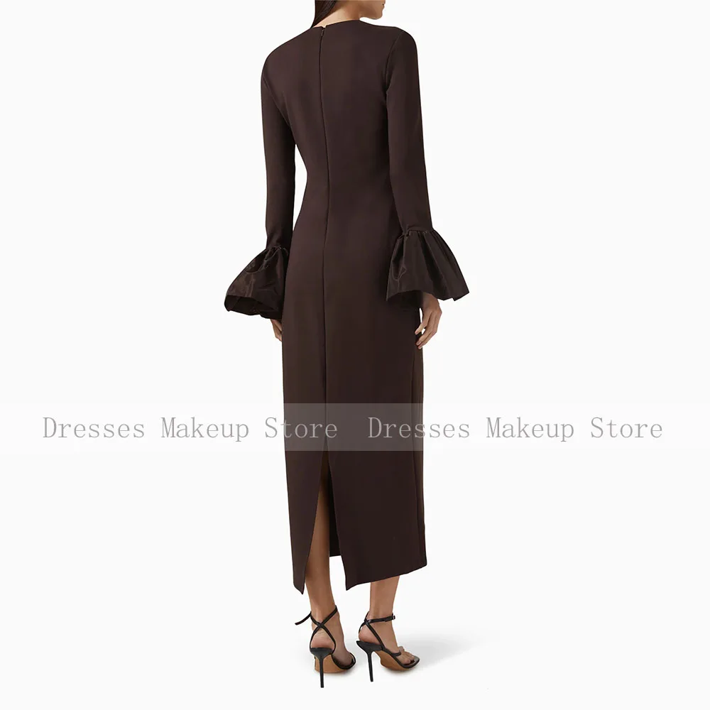 Brown Party Dress Midi O Neck Long Sleeves Column Party Gowns for Women 2025 Tea Length Simple Dinner Dresses Custom Made