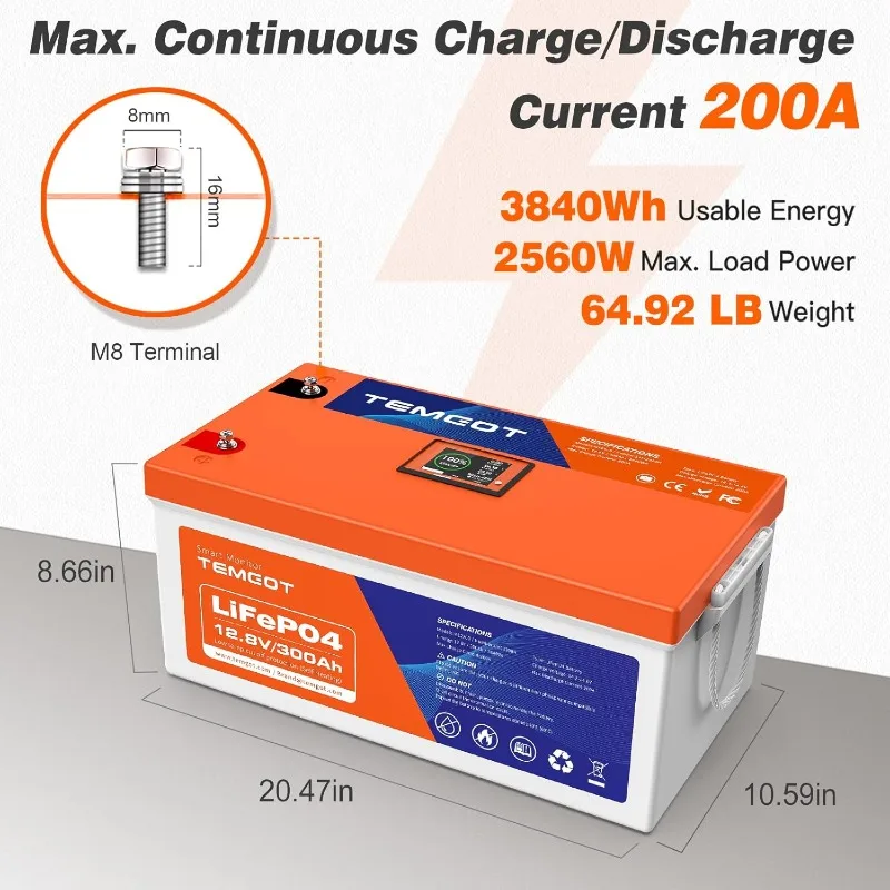 12V 300AH Self-Heating LiFePO4 Lithium Battery with Touchable Smart Display & APP Monitoring, Built-in 200A BMS 2560W Load Power