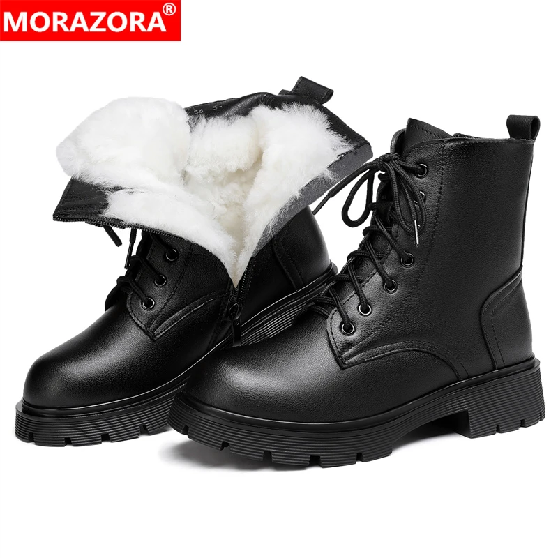 MORAZORA-Botas de nieve cálidas de piel gruesa para mujer, Botines de cuero genuino con cremallera, zapatos de lana, talla 35-43