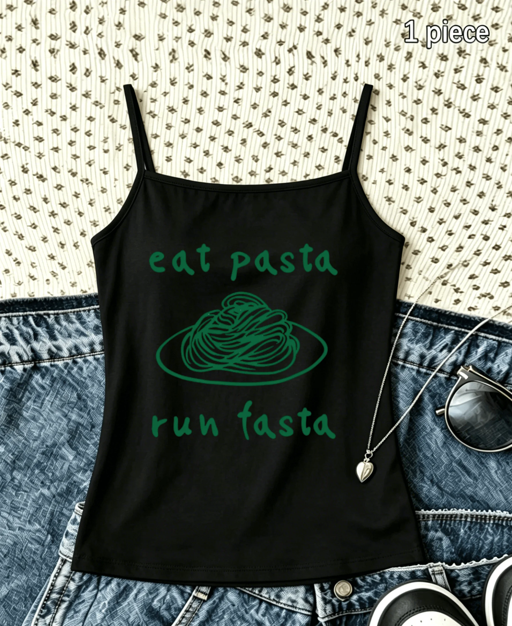Slim‑Cut Sleeveless Tank Top Women Playful Pasta Line‑Art Graphic Camisole Witty Food Quote Urban Daily Street‑Style Outfit