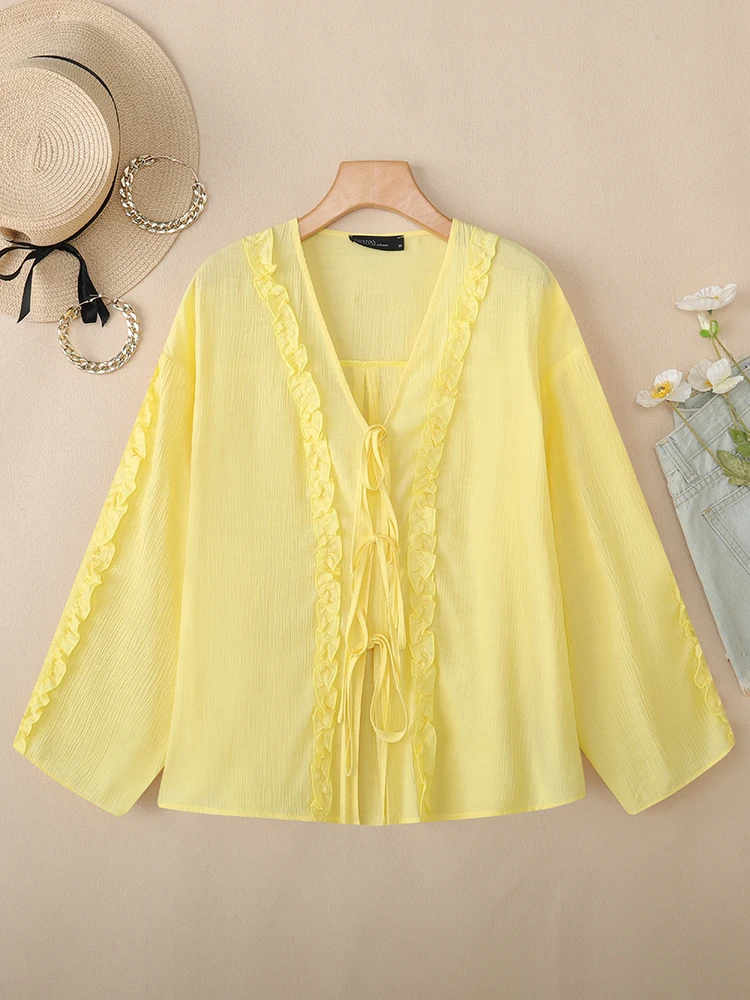 เสื้อคลุมคาร์ดิแกนผู้หญิง 2025 VONDA แฟชั่น แขนยาว ผ้าชีฟอง แต่งเชือกผูก เสื้อคลุมตัวยาว สไตล์ลำลอง หลวมๆ ซีทรู วินเทจ เสื้อชายหาด