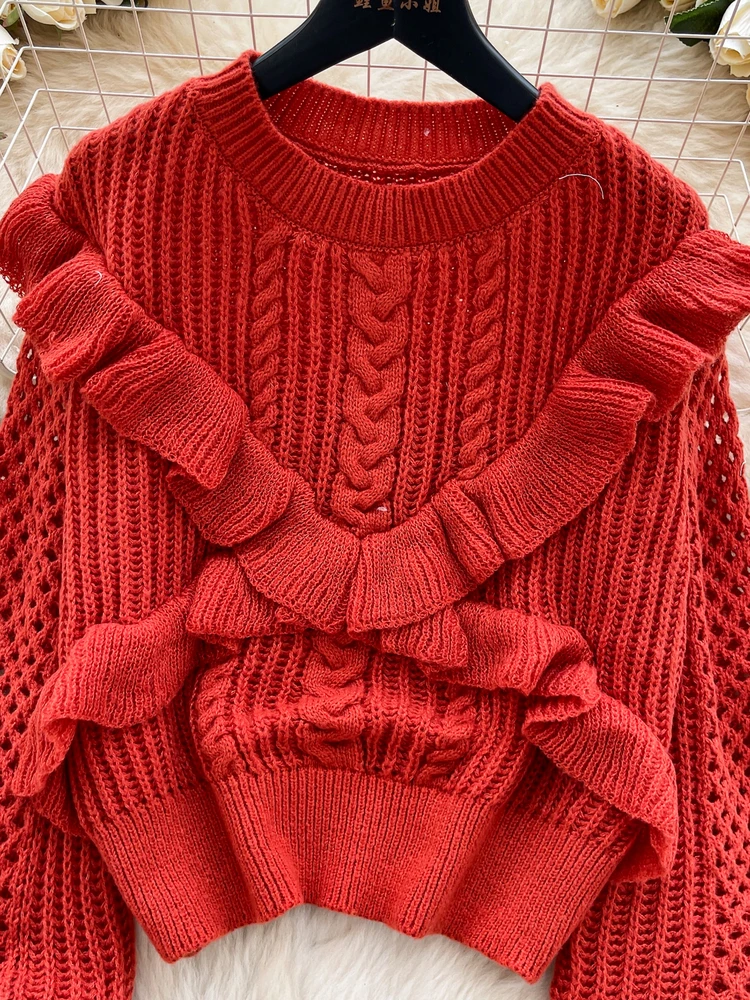 Ladies' Lazy Hollow out Long Sve Knitted Sweater Base Layer Top Korean Sle Commute Faion Autumn Season  Color