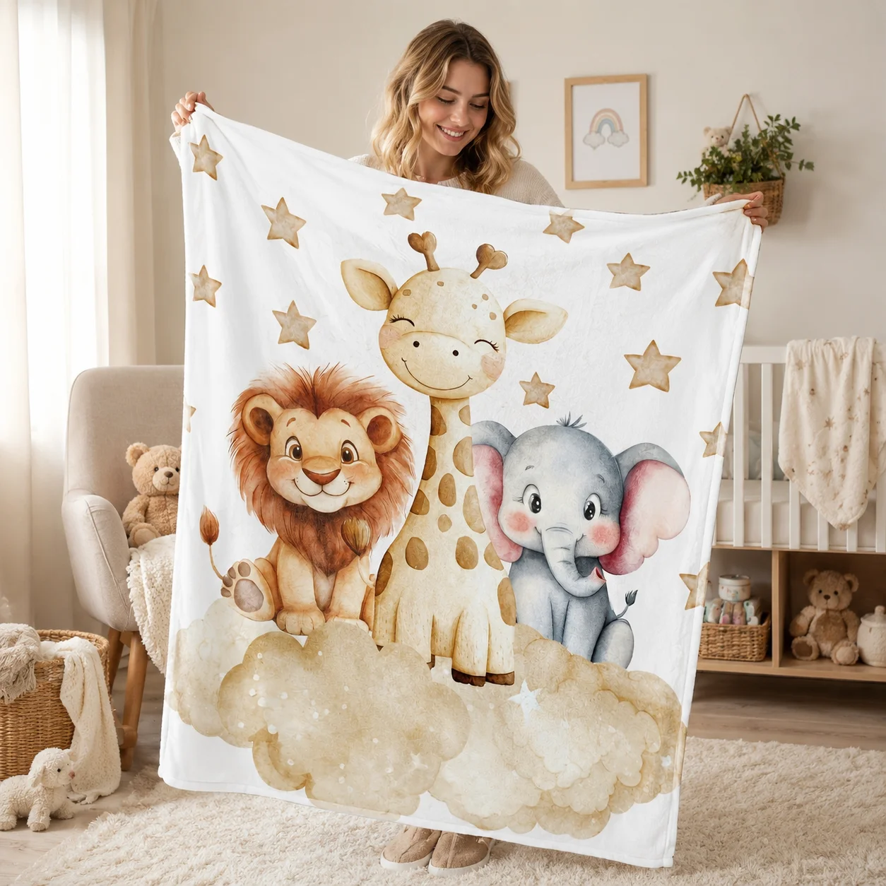 A Digital Print Blanket Featuring Giraffes, Lions, And Elephants in a Cloud And Starry Sky Design, Soft And Comfortable, Tear-Resistant, Suitable for Use on Sofas,, for Napping, Outdoors, Or While Traveling - Perfect for Thanksgiving