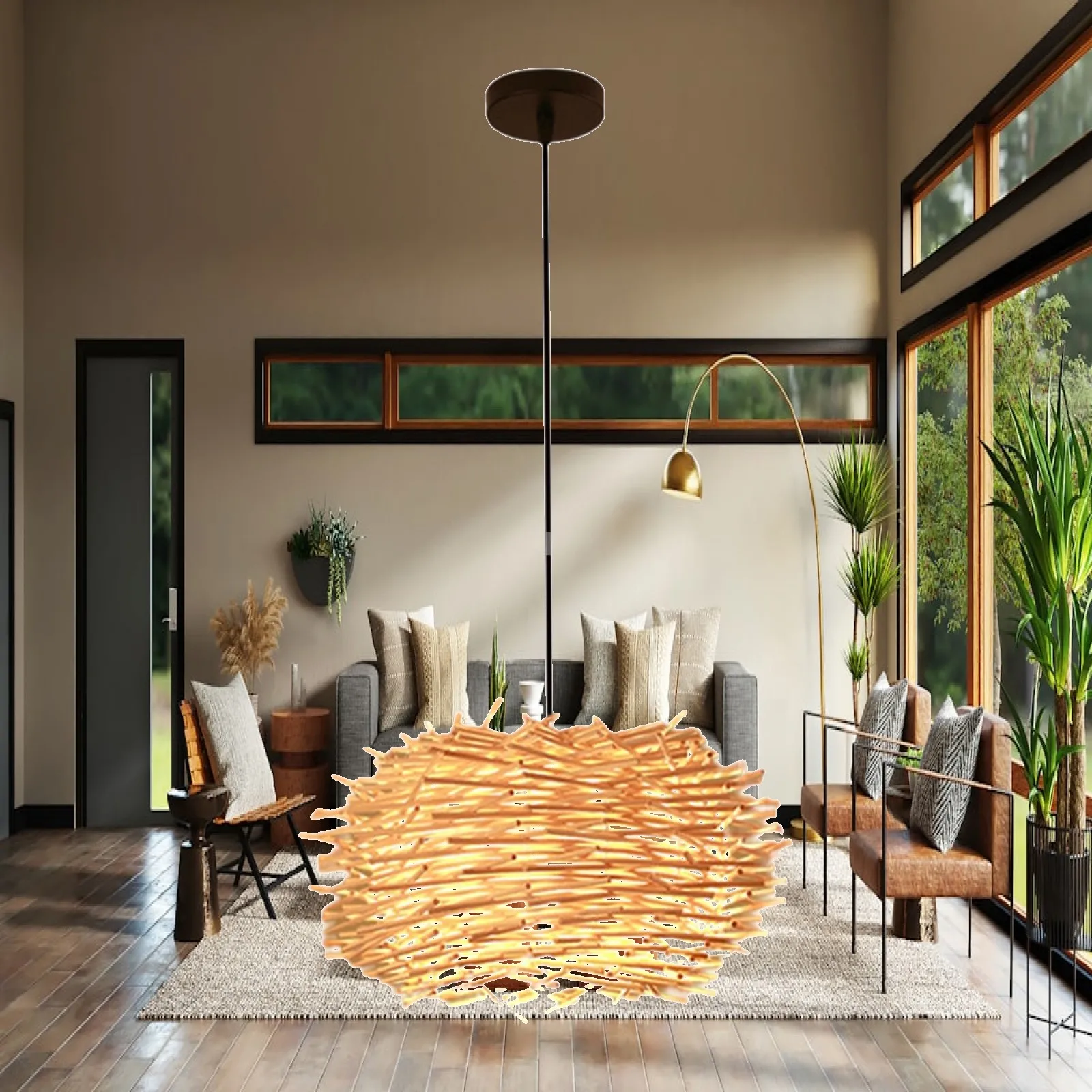 Handwoven Bamboo Ceiling Pendant Light for Dining Room Rattan Lamp Shade Wicker Chandelier Hanging Decor Art
