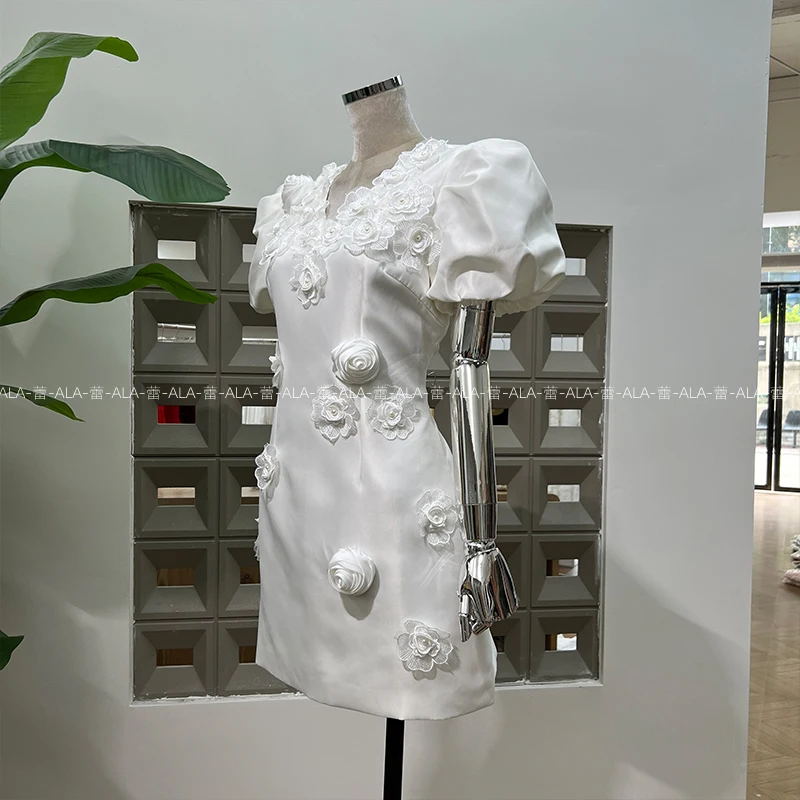 French Elegant Socialite Party Dresses V-Neck Bubble Sleeve 3D Handmade Flower High Waist A-line Temperament Short Dress Women