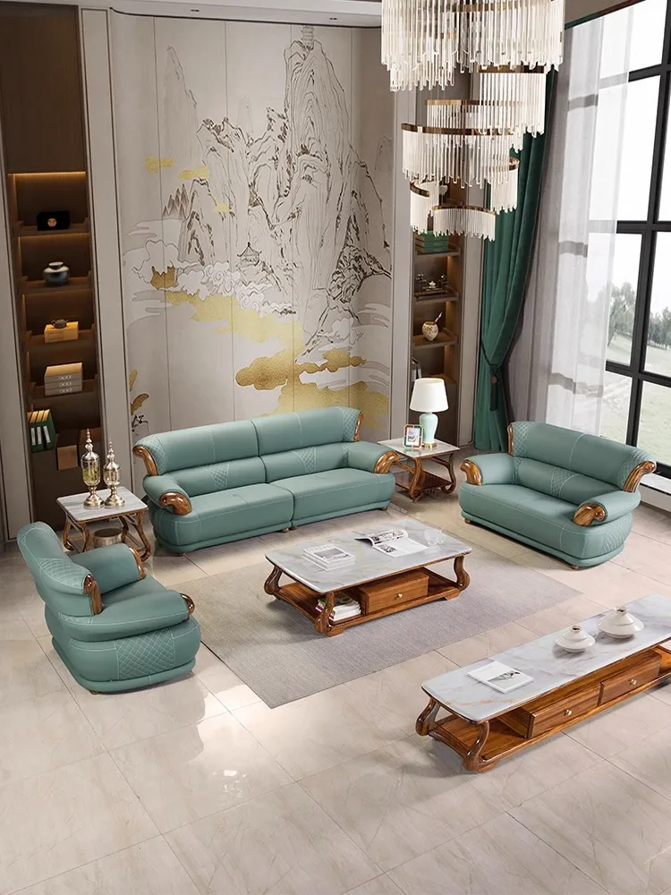 

Ebony leather sofa first layer cowhide new Chinese luxury villa living room modern simple solid wood home sofa