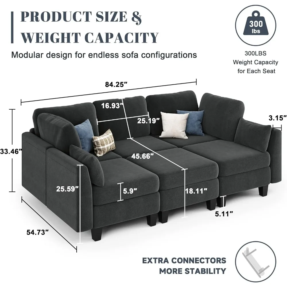 Sofá cama seccional, sofá cama modular de 6 plazas, cómodas sofás seccionales, sofás convertibles con otomanos, Mod