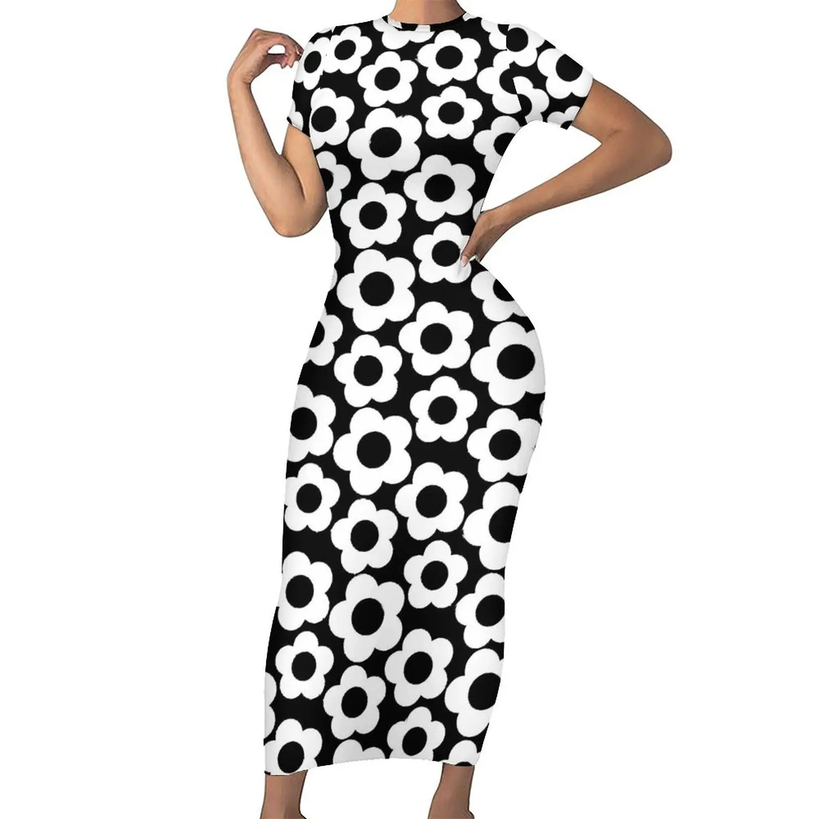 

Retro Flower Power Bodycon Dress Summer Black and White Sexy Maxi Dresses Women Short Sleeve Graphic Fashion Dress Large Size