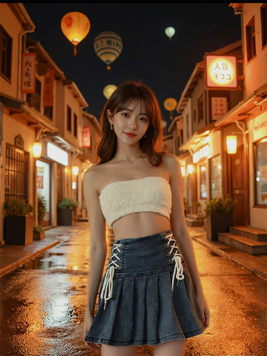 

Denim Lace-up Mini Skirts Womens Ruffled Mesh Patchwork Pleated Banquet Summer Prom Party Chic Layered Appliques Dot Ruffle Fold