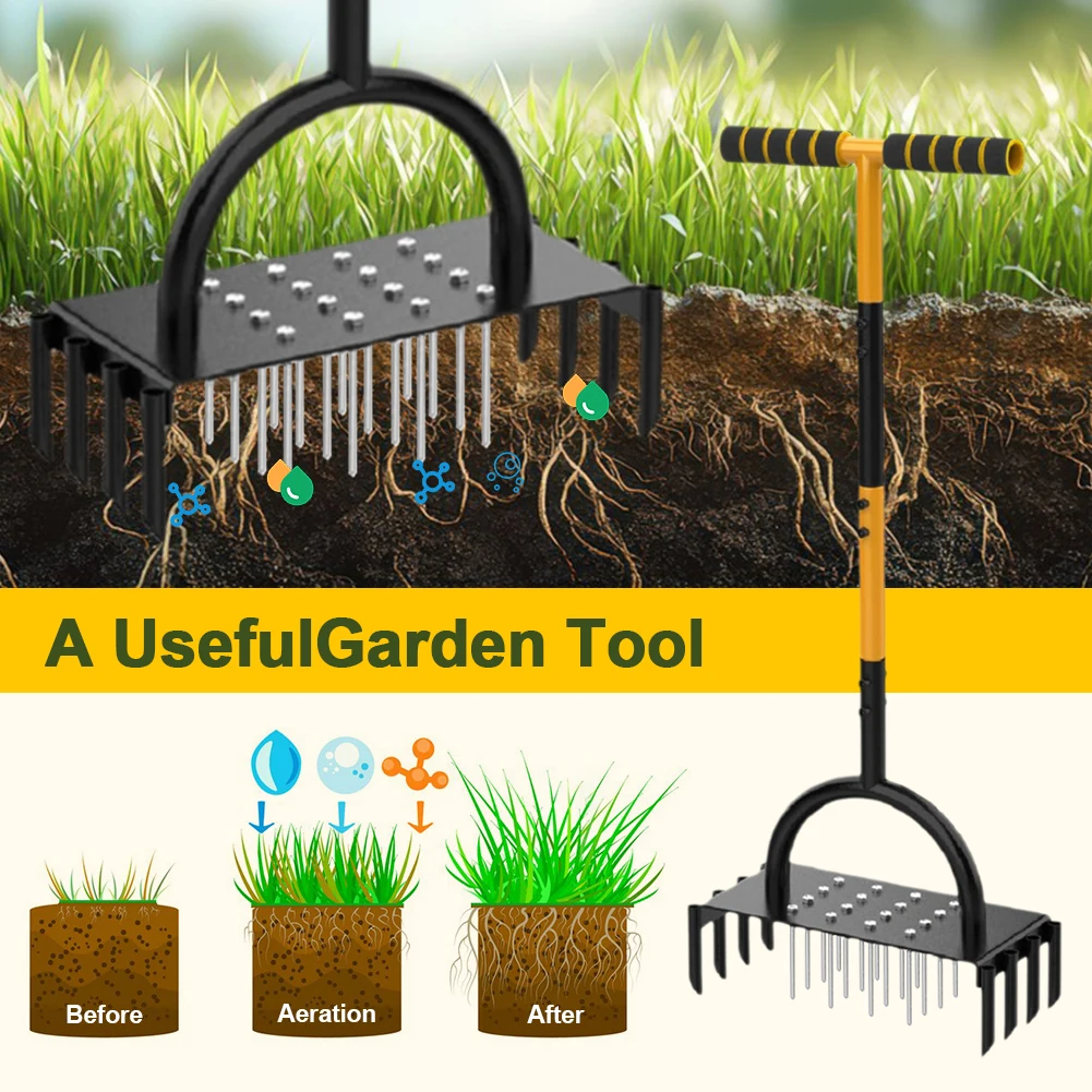 

Ручной аэратор для газона 2 в 1, аэратор для газона 96 см, инструмент с шипами и 16 шипами, 8 ядер, Т-образная ручка, аэрация травы для компактных почвы