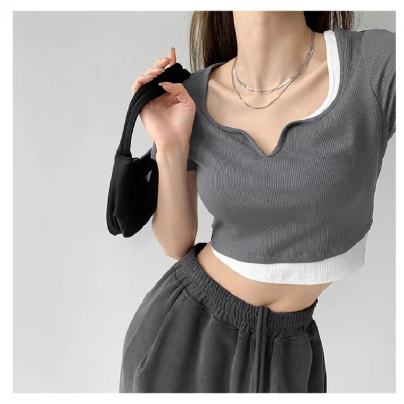 

Женская летняя новая базовая рубашка с короткими рукавами, женская рубашка, укороченный топ из двух предметов в корейском стиле, женская одежда