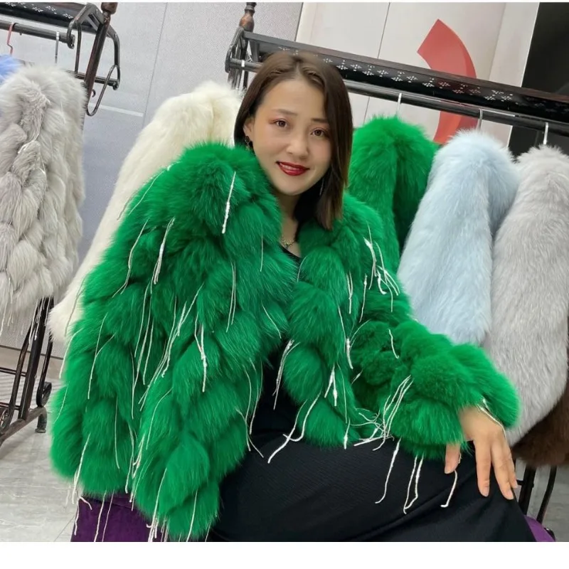 Women's Autumn Winter Top Coat Jacket Faux Fur Fringe Bright Silk Thicken Warm Casual Design Fashion New Niche Versatile Skinny