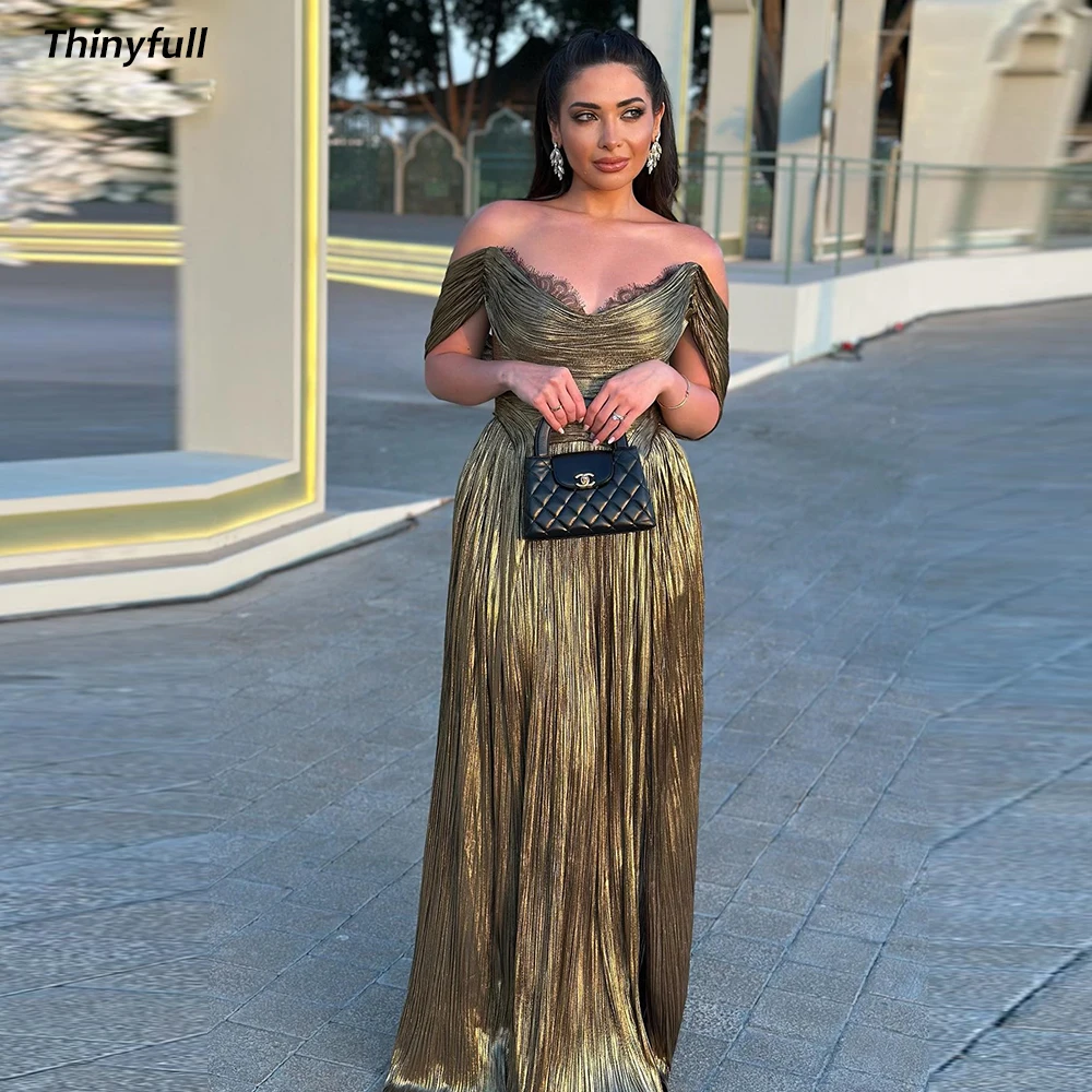 

Thinyfull A-line Off Shoulder Arabic Prom Dress Sleeveless Lace Evening Dresses Dubai 2025 Formal Gown Robe De Soirée Customized