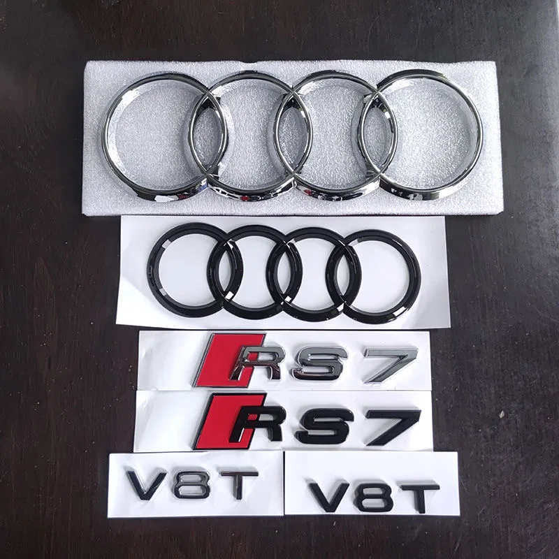 AUDI RS7 4-Ring logo ABS Black Car Hood Front Grill Emblem Rear Trunk Badge Sticker RS7 Emblem V8T Sticker Accessories