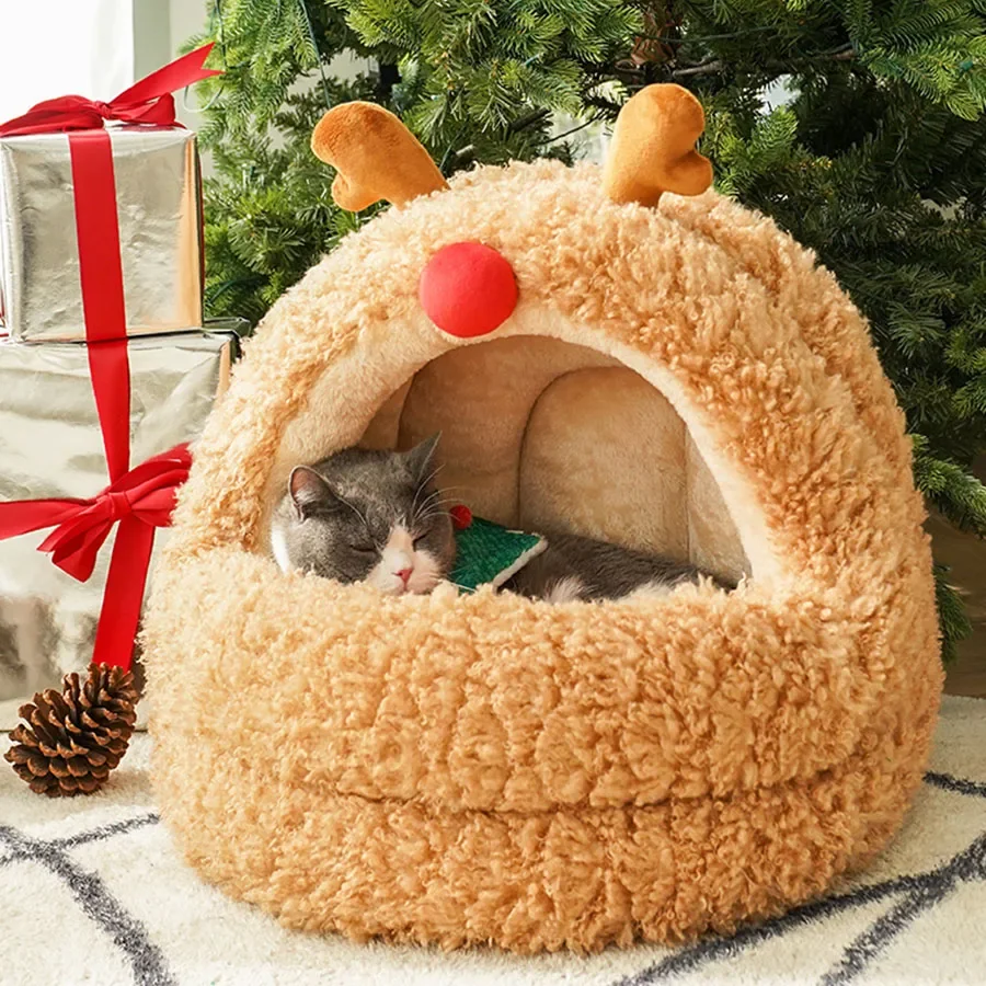 Enclosed Cat Bed Brown Christmas Mat Plush New Year Style Indoor Indestructible Hut Cute Nest Funny Katzenhaus Cats Accessories