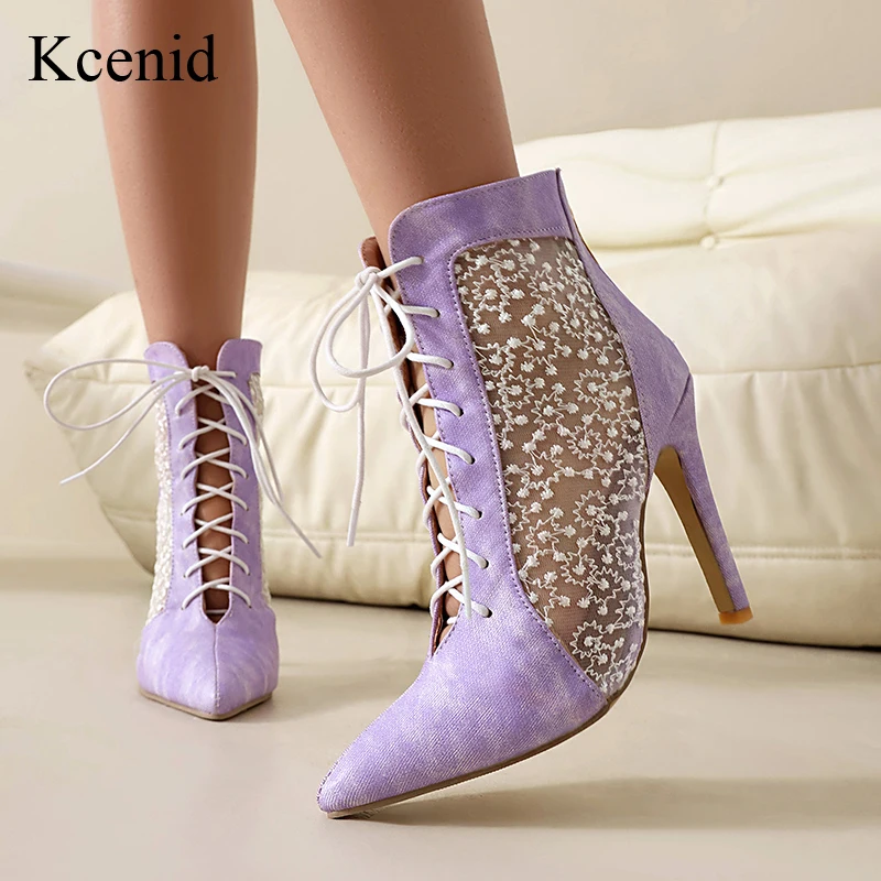 

Kcenid New Women's Pointed Toe Ankle Boots Lace-Up High Heel Zipper White Dance Shoes Fashion Summer Sexy Big Size Available