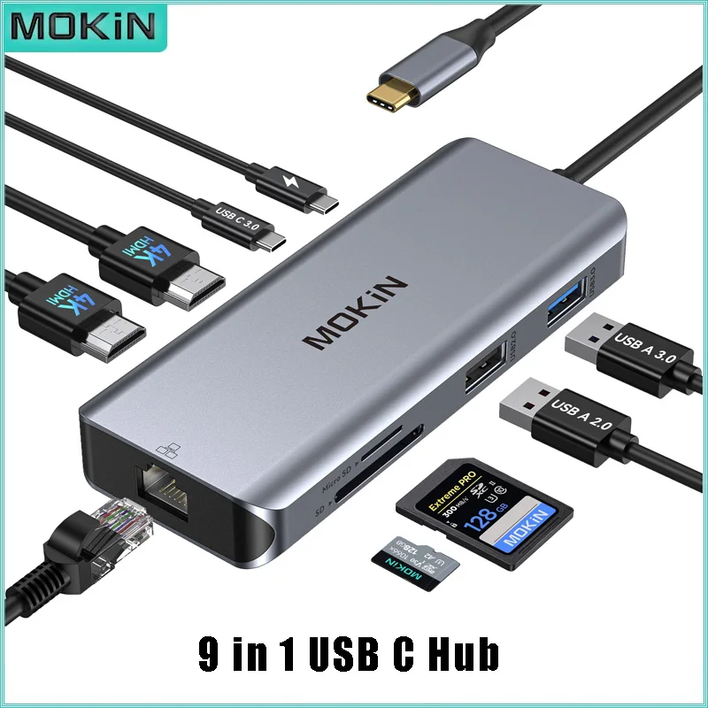 MOKiN 9 in 1 USB C Hub Docking Station 5Gbps USB3.0 2 HDMI 4K60Hz 4K30Hz PD 100W RJ45 for MacBook Air/Pro Laptop PC Accessories