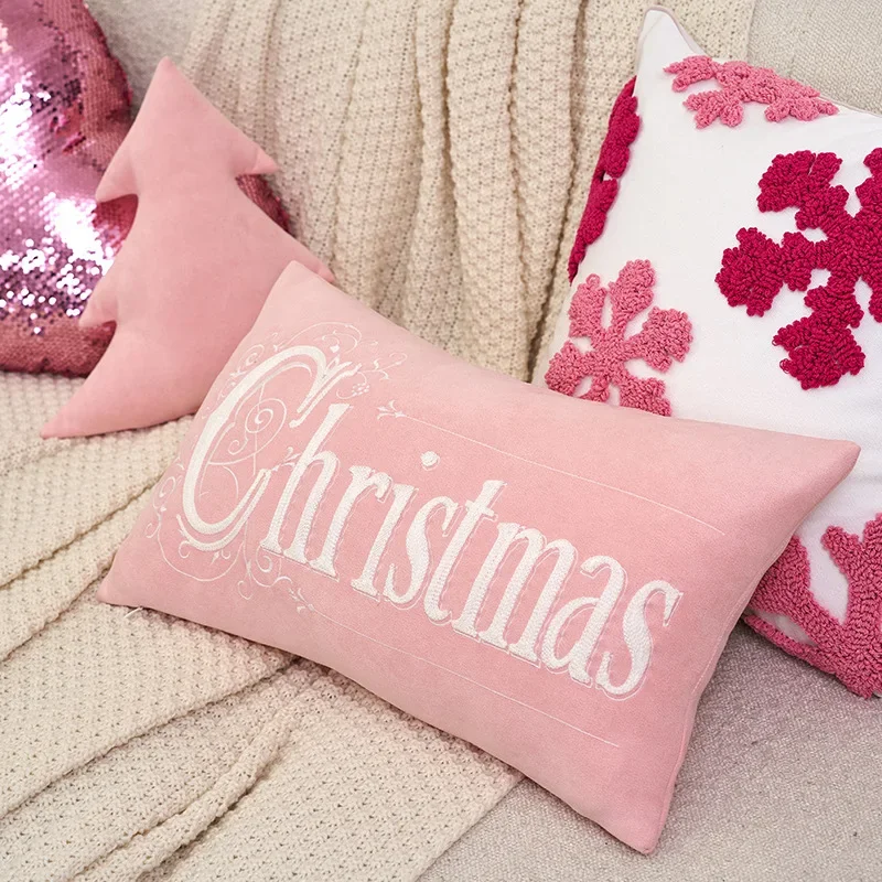 

2024 New Snowflake Throw Pillow Cover Merry Christmas Cuchion Cover Living Room Sofa Pink Embroidered Pillowcases Home Decor