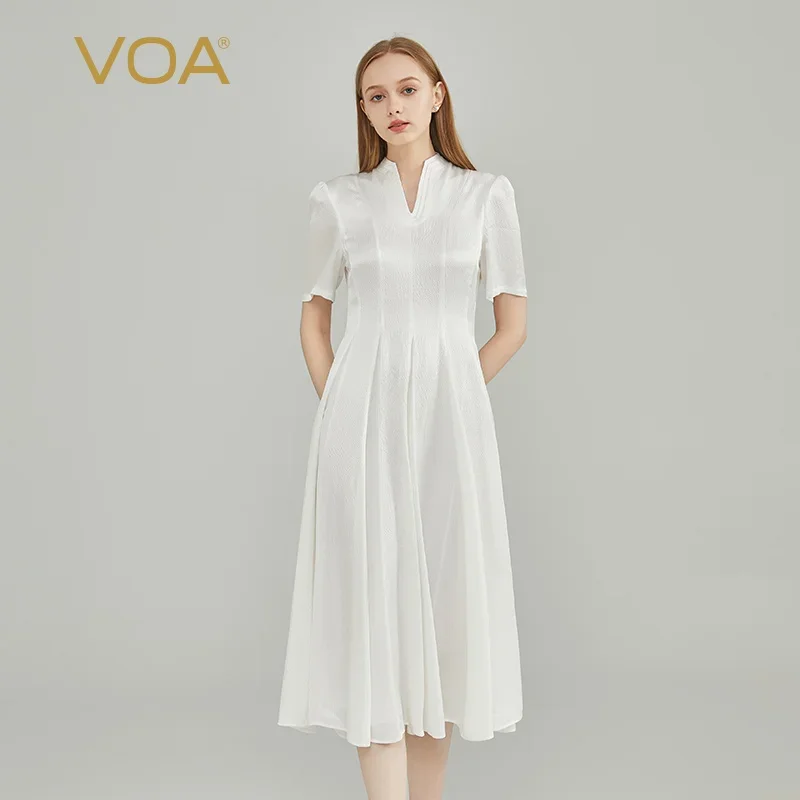 

VOA Silk Satin White U-neck Double Layer Design with Refreshing and Breathable Texture Pattern Elegant Large Swing Dress AE2186