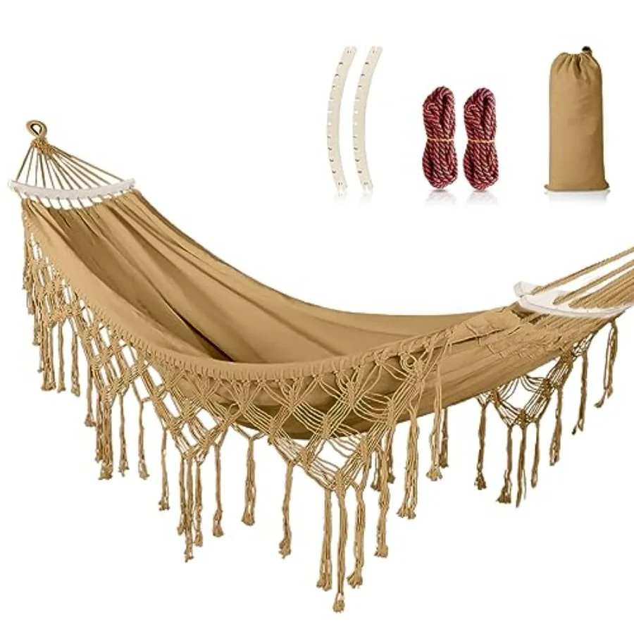 

Backyard Hammock with Tassels Max 500lbs Canvas Fabric Bohemian Style with Thickened Rope and Carry Bag for Outdoor Garden Pati