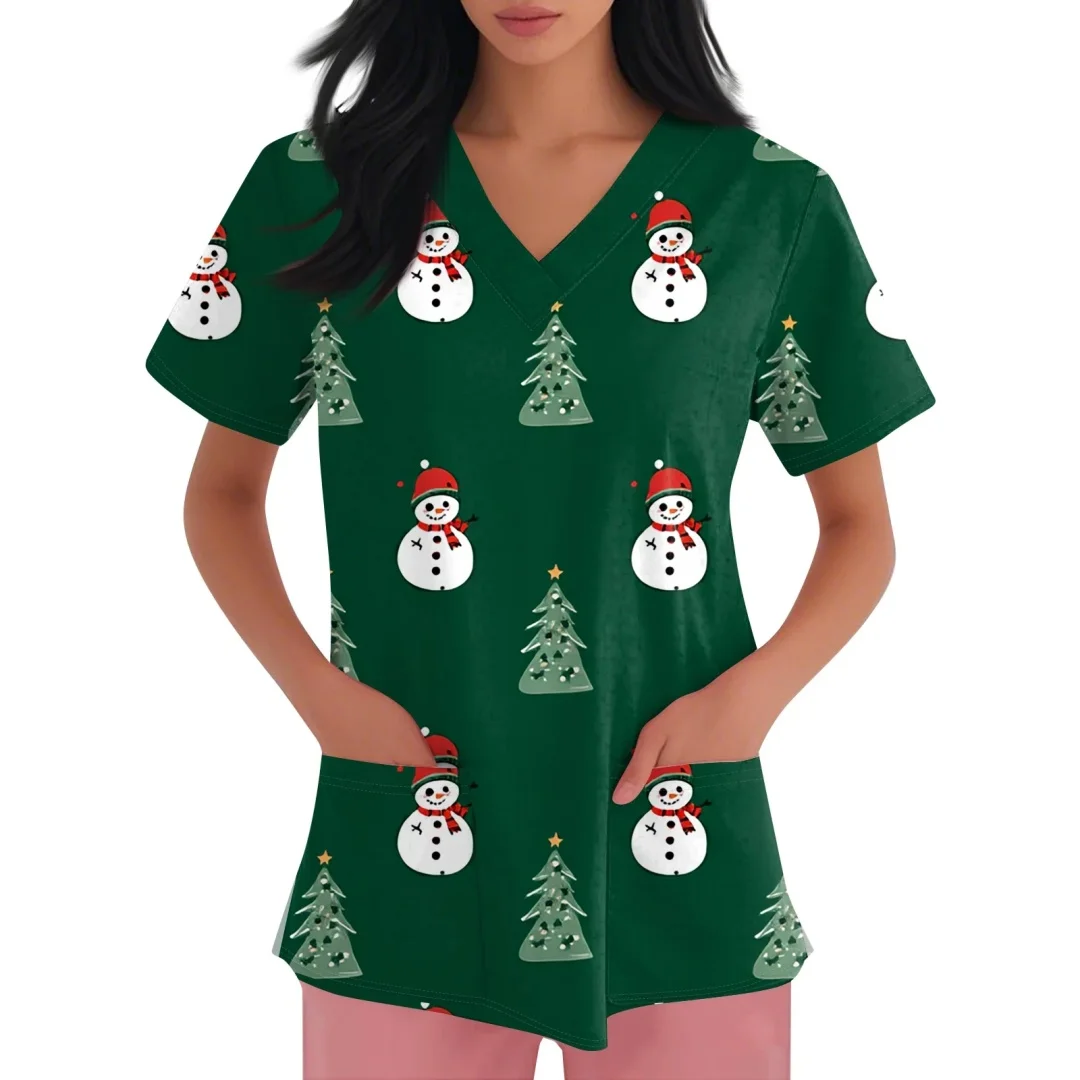 الزي السريري للنساء قصب الحلوى سانتا كلوز طباعة عيد الميلاد الخامس الرقبة الدعك المرأة موضة قصيرة الأكمام الزي الجراحي للنساء